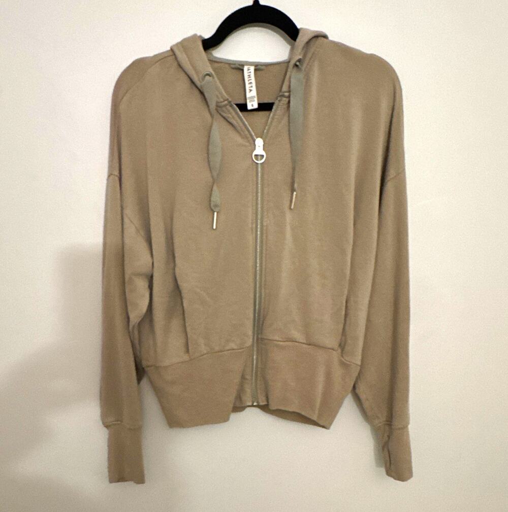 Athleta Women’s Beige Velour Full Zip Hooded Jacket Pockets Thumbholes S